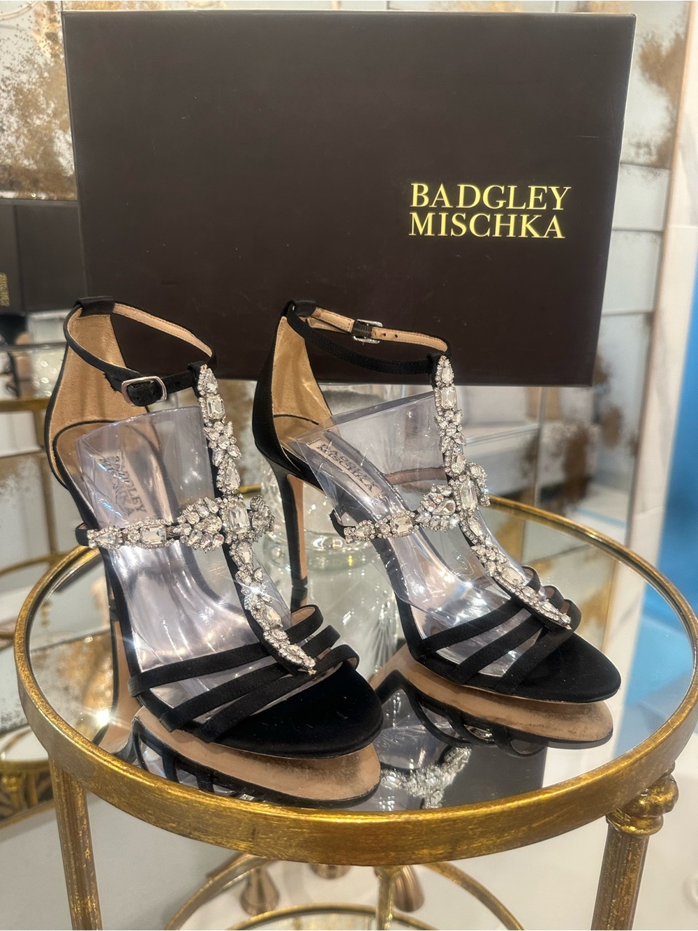 Badgley Mischka Black Crystal T-Strap Stiletto Sandals